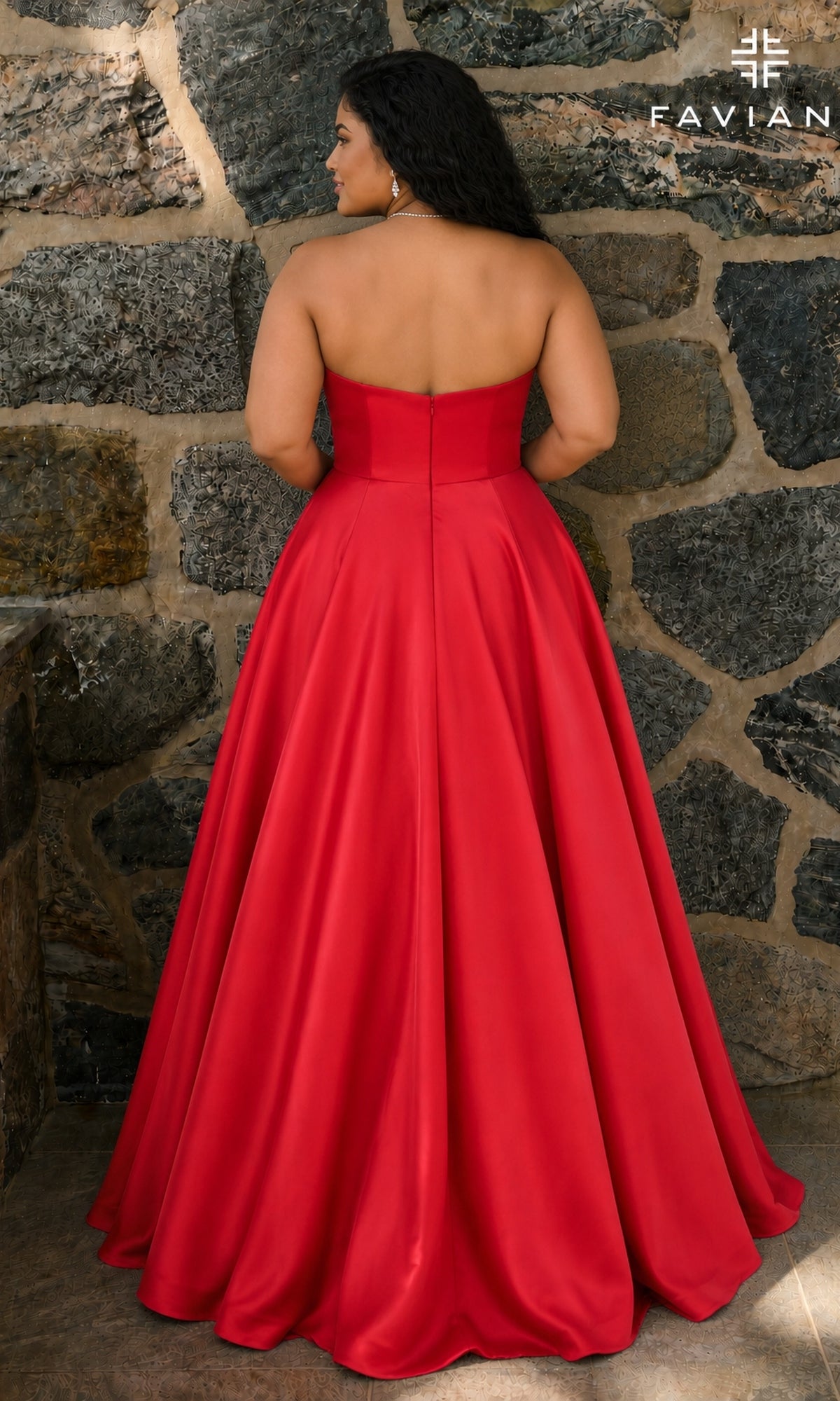 Back view of the Long Plus-Size Prom Dress: Faviana E11670E, a strapless, floor-length red mikado A-line gown with a full skirt.